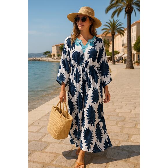 Caftan Maxi Dress Cover-Up Kaftan Long Blue White Floral Large Lightweight - Picture 1 of 9